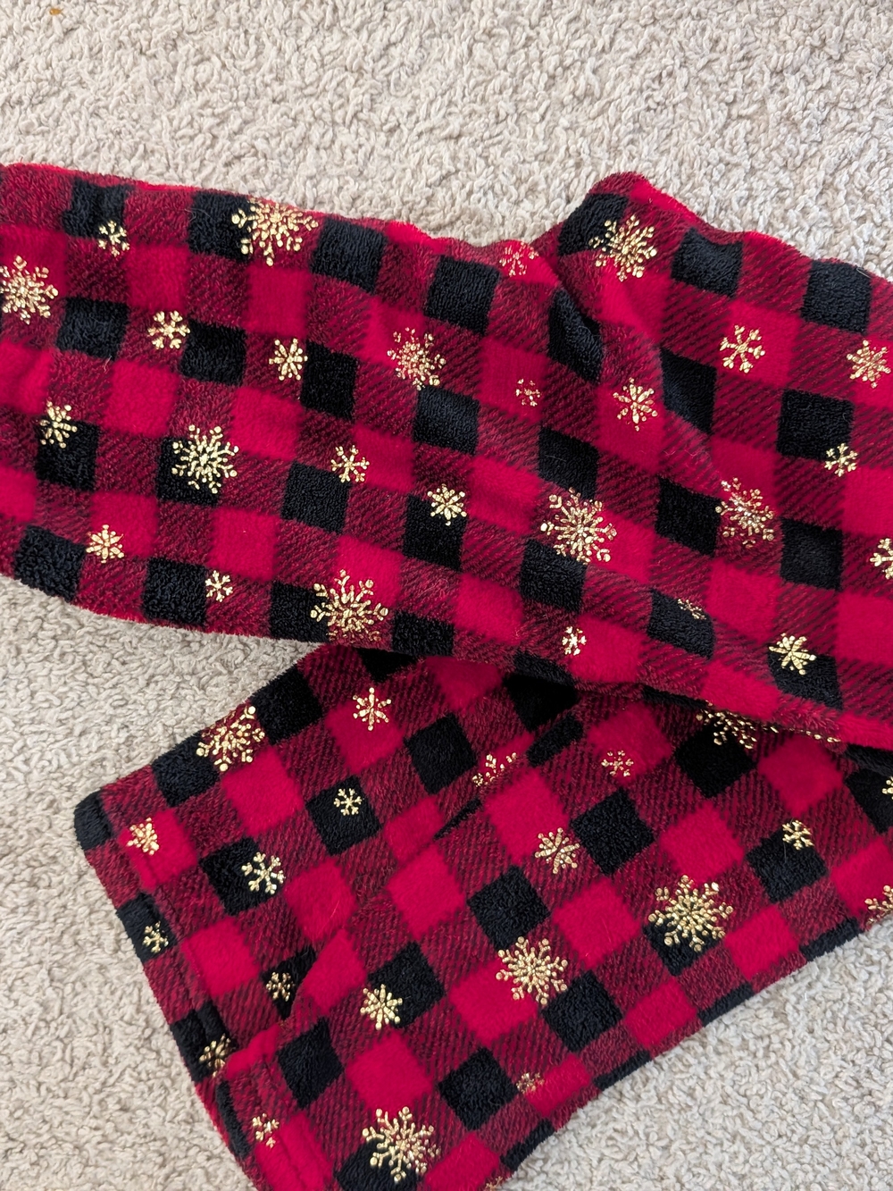 Jenni Red and Black Buffalo Plaid Pajama Bottoms with Gold Snowflakes